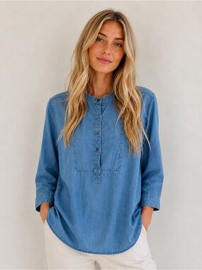J. Crew 100% Lyocell Chambray Popover Top Blue Oversized Size 2